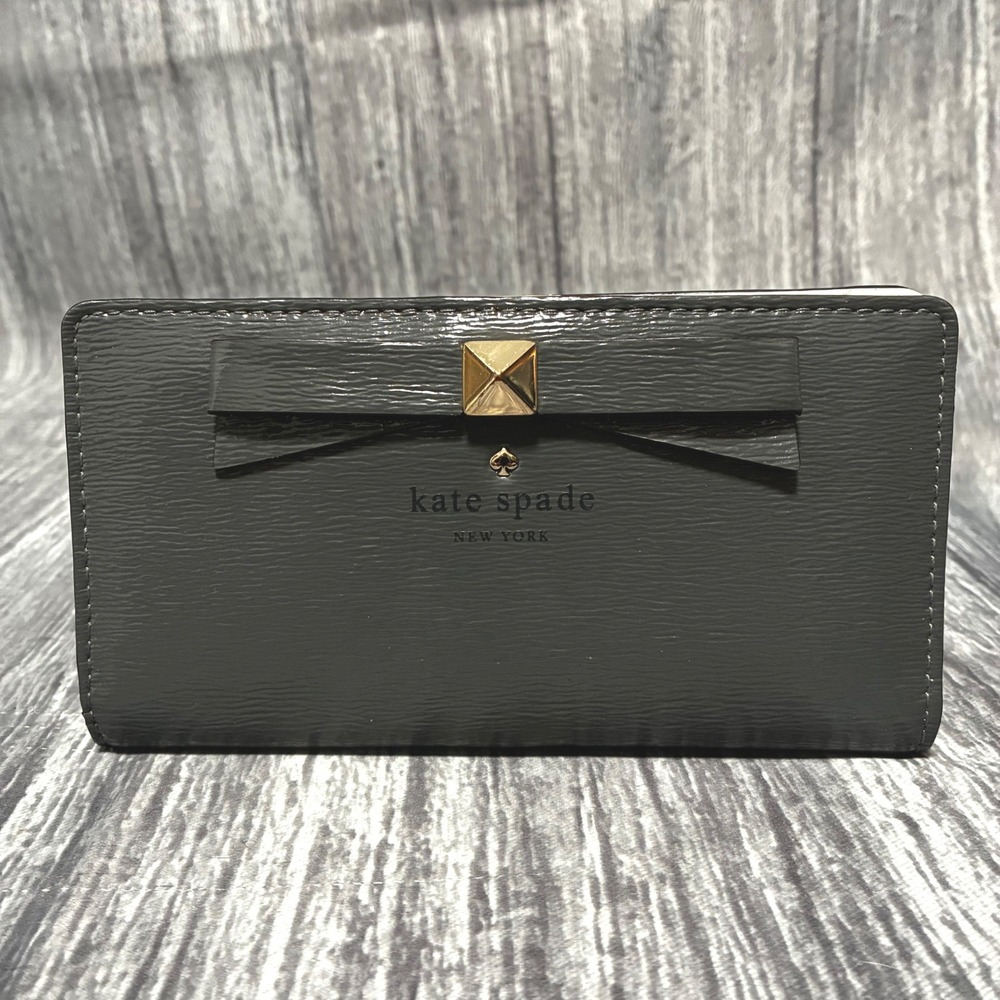 Kate Spade Beacon Court Saffiano Bow Continental Wallet Gray Leather